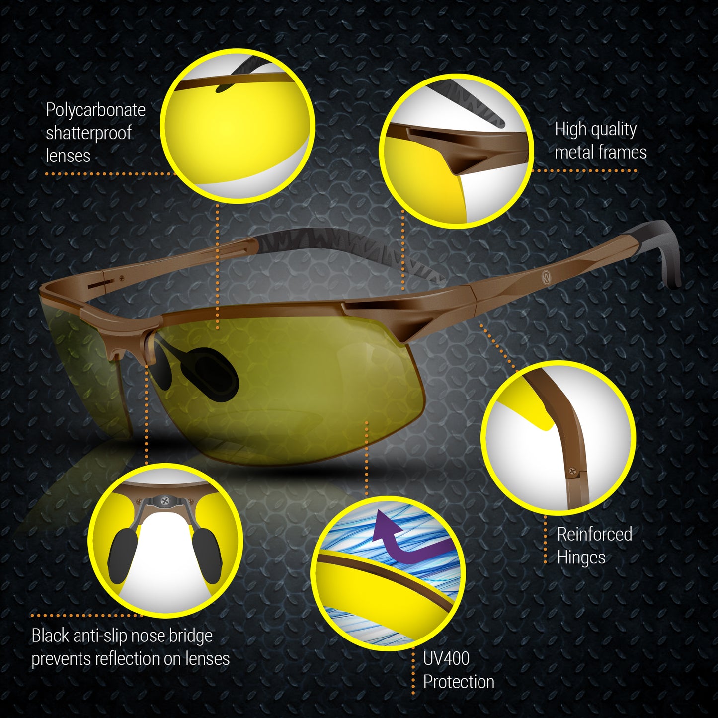 Night Driving Glasses Knight Visor Semi Rimless Frame (Titanium B)