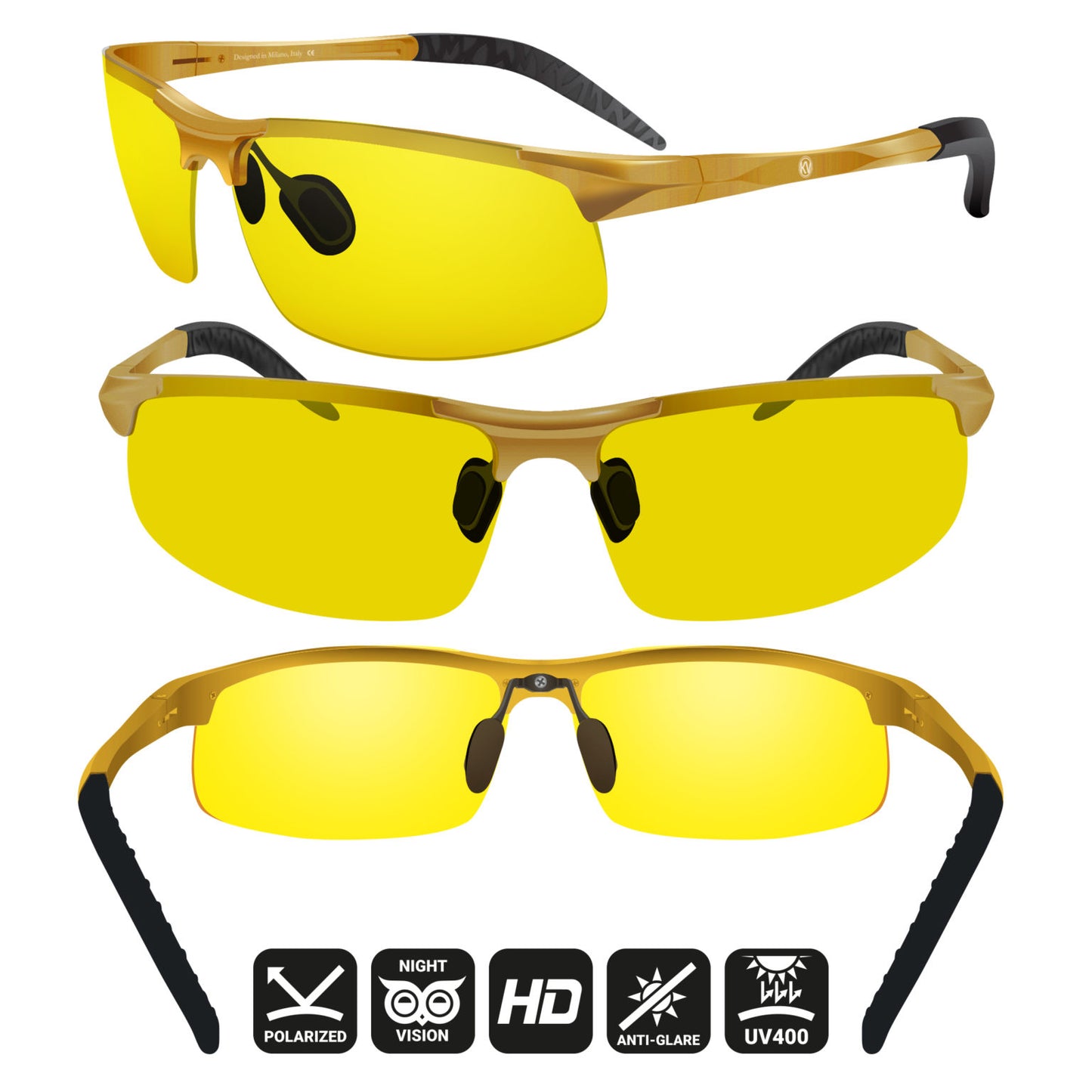 Night Driving Glasses Knight Visor Semi Rimless Frame (Gold A)