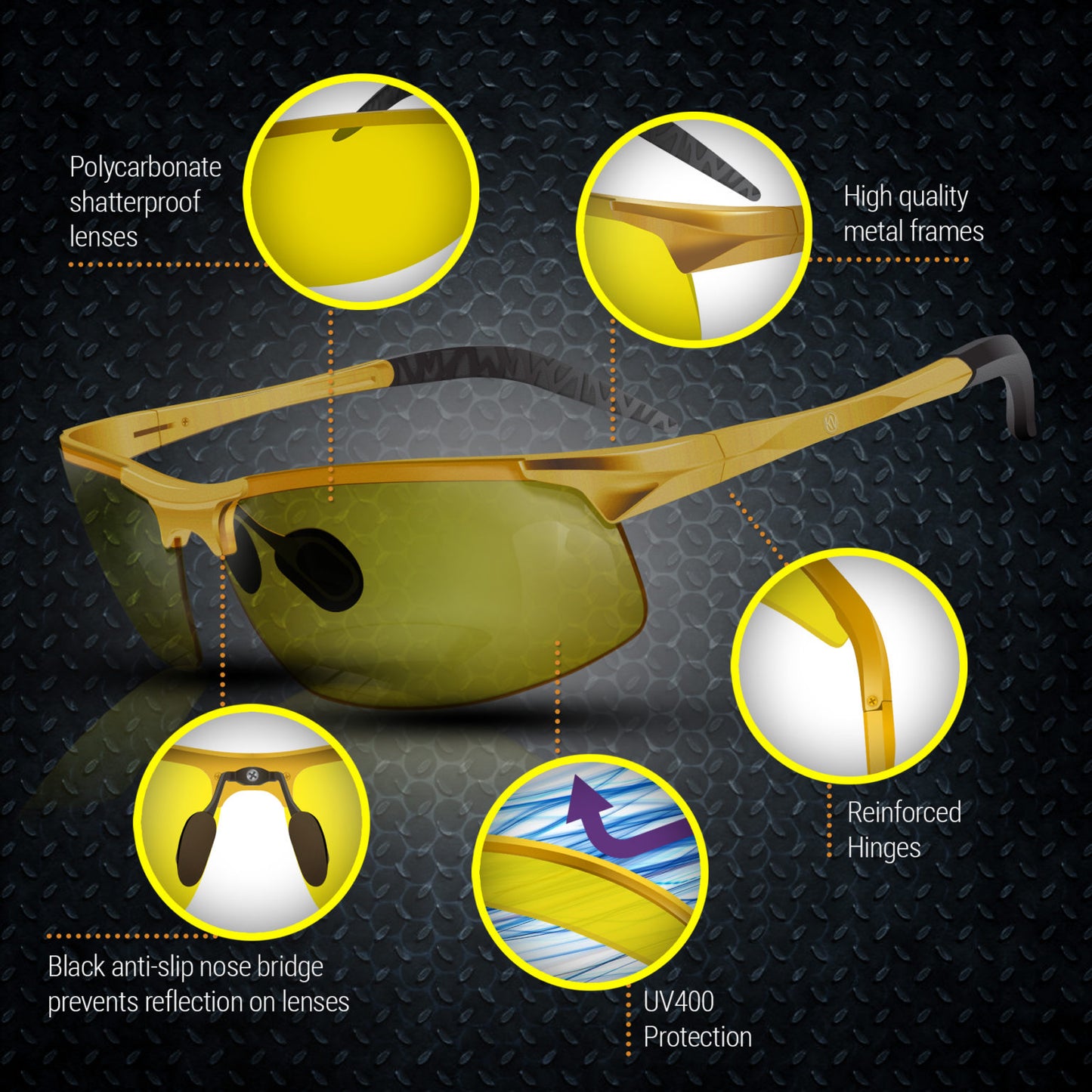 Night Driving Glasses Knight Visor Semi Rimless Frame (Gold A)