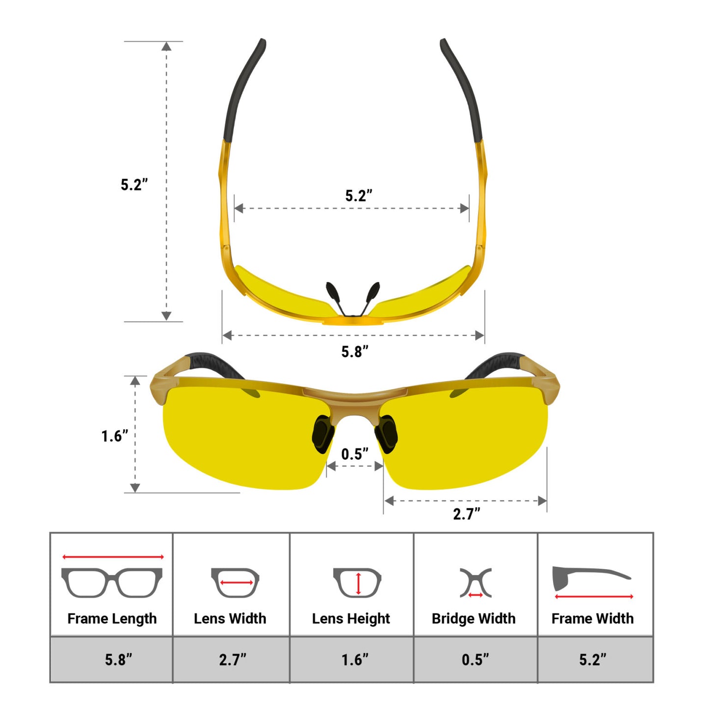 Night Driving Glasses Knight Visor Semi Rimless Frame (Gold A)