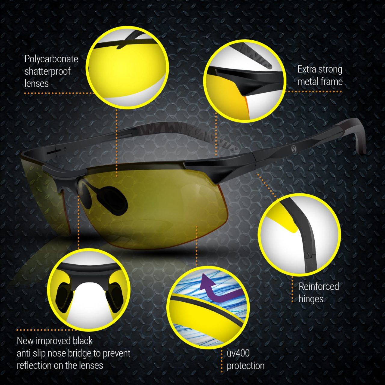 Night Driving Glasses Knight Visor Semi Rimless Frame (Black B)